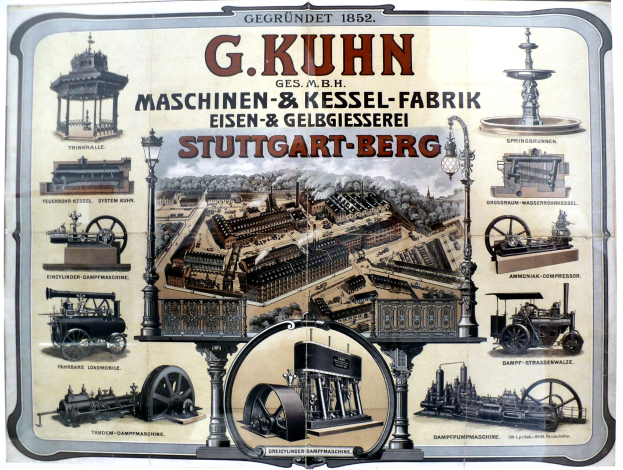 Werbeposter für G. Kuhn's Stuttgart-Berg Maschinenbau mit Bildern von Maschinen und begleitendem Text.