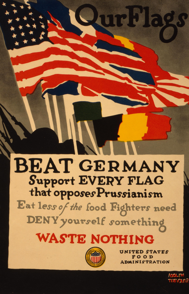 Ein Plakat mit einer roten, weißen und blauen Flagge mit einem weißen Stern, begleitet von fetter schwarzer Schrift, die 'Unsere Flaggen schlagen Deutschland - Unterstützt jede Flagge, die gegen Preußentum kämpft' lautet, mit einem weißen Rand um den Text.