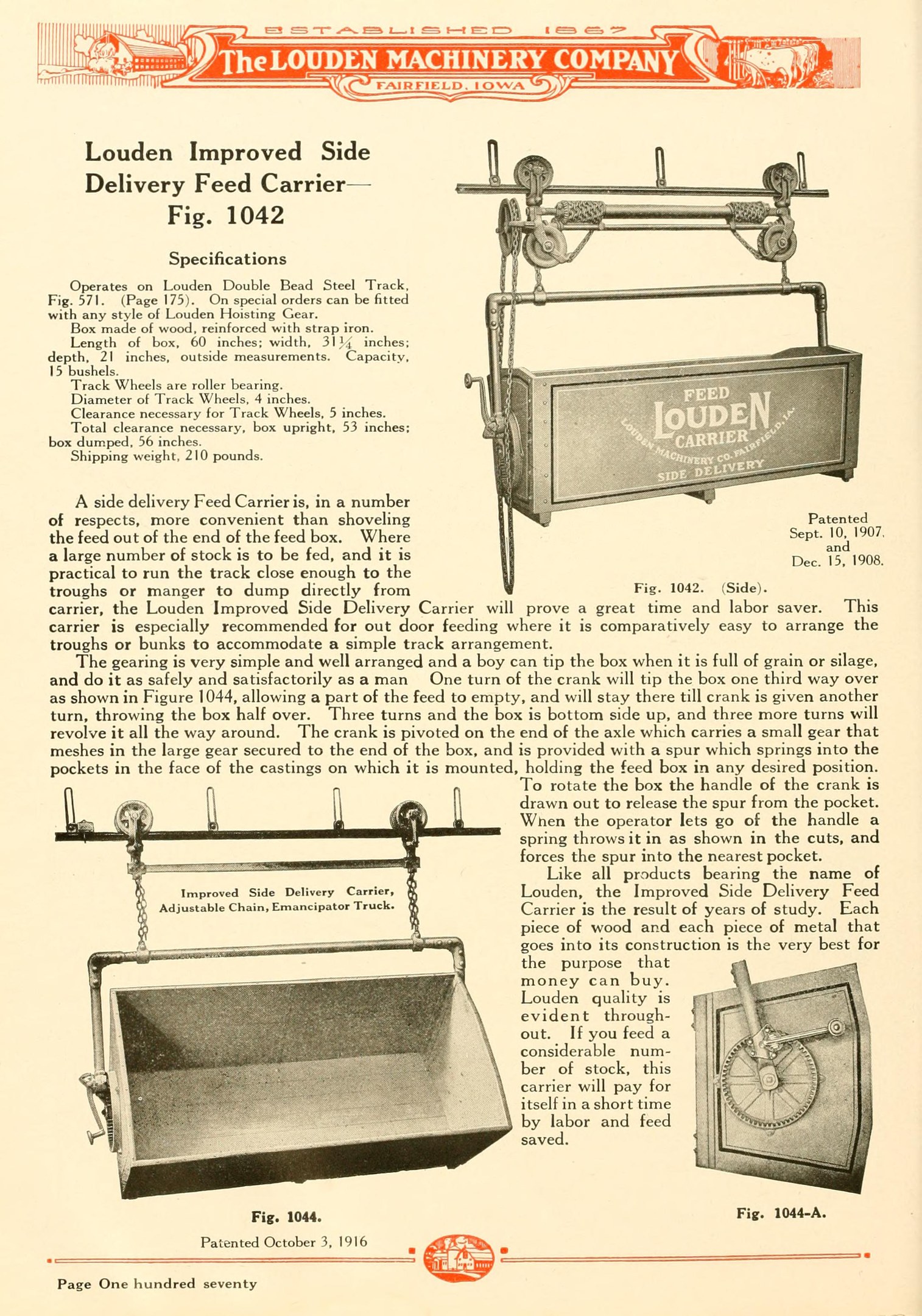 Werbung für den verbesserten Seitengabe-Feedträger von Louden, der eine große rechteckige Maschine mit einem oberen Griff, einer Seitendeckel und einem unteren Förderband zeigt, begleitet von einem Text, der seine Spezifikationen auflistet.