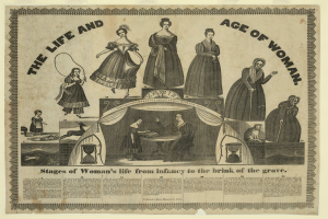 Eine farbenfrohe Papierreproduktion, die die Phasen des Lebens von Frauen von der Kindheit bis ins hohe Alter zeigt, mit fetter Schrift und detaillierten Elementen.