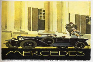 Vintage 1920er-Jahre-Mercedes-Benz-Plakat mit einem klassischen Auto vor einem modernen Gl├Ąserbau mit zwei Personen im Auto und fetter schwarzer Schrift, die unten 'Mercedes-Benz' liest.