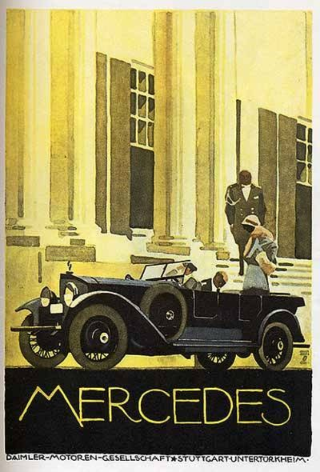 Vintage 1920er-Jahre-Mercedes-Benz-Plakat mit einem klassischen Auto vor einem modernen Gl├Ąserbau mit zwei Personen im Auto und fetter schwarzer Schrift, die unten 'Mercedes-Benz' liest.