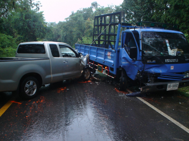 Ein schwer beschädigtter Lkw mit eingedrütkter Front und eingedellter Karosserie am Rödchenrand, umgeben von Bäumen unter einem klaren blauen Himmel.