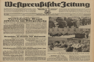 Titelseite der deutschen Zeitung "Weitpreubliche Zeitung" vom 13. November 1939 mit einer Gruppe von Menschen in traditioneller deutscher Kleidung beim Feiern.