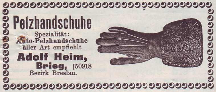 Alte deutsche Visitenkarte mit einer Abbildung von einem Paar Handschuhe und gedrucktem Text, der den Inhalt beschreibt.