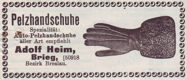 Alte deutsche Visitenkarte mit einer Abbildung von einem Paar Handschuhe und gedrucktem Text, der den Inhalt beschreibt.