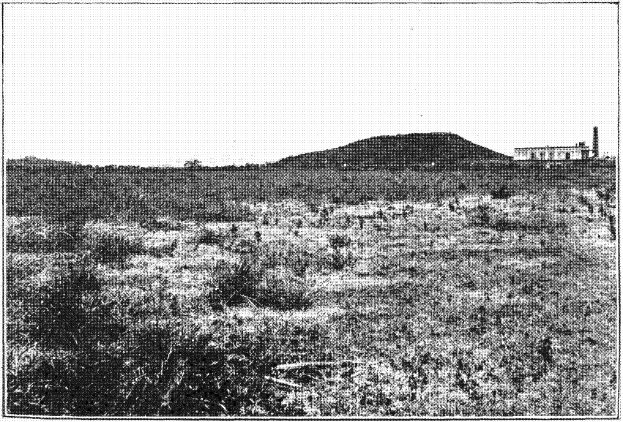 Schwarz-weiß-Foto eines Feldes mit einem Hügel im Hintergrund, einem Gebäude auf der rechten Seite und einem Himmel oben, mit dem Text "New York State Penitentiary" unten.