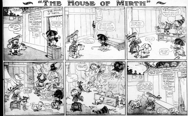 Schwarz-weißer Comic-Streifenplakat titled "The House of Mirth" featuring a cartoon man in a hat and woman in a dress.