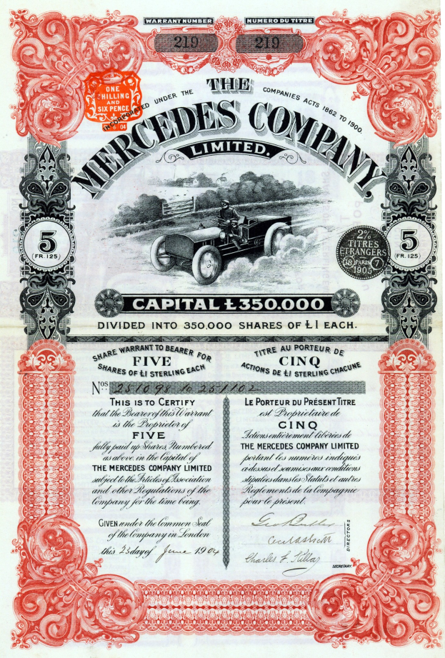 Ein hellblaues Papier mit fetter, zentrierter Schrift, die 'Mercedes-Benz Company Limited Aktienzertifikat' lautet, und ein Bild eines klassisch aussehenden Wagens mit schlankem Design und glänzender Lackierung.