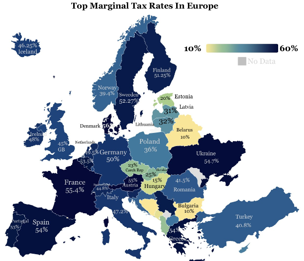Eine Europakarte mit Farben, die die Spitzensätze der Einkommensteuer in jedem Land anzeigen, mit der Überschrift "Spitzensätze der Einkommensteuer in Europa".