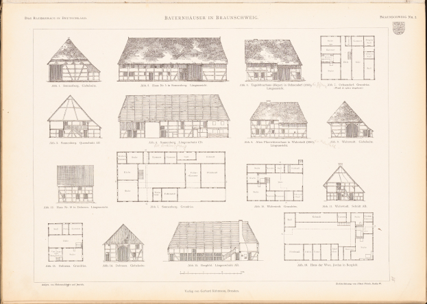 Ein offenes altes Buch, das detaillierte Architekturhauspläne zeigt