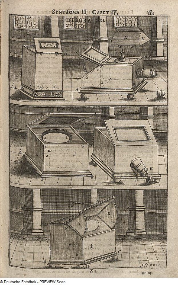 Ein abgenutztes Buch mit einer Skizze eines Stereoskops auf dem Cover, das sichtbaren Text und numerische Anmerkungen auf den Seiten enthält.