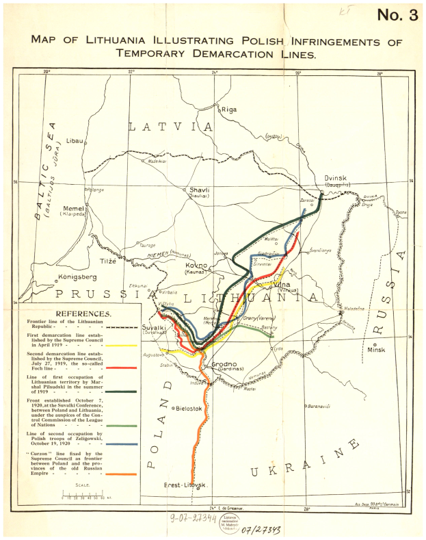 Eine detaillierte Karte von Litauen auf einem Plakat, die polnische Verletzungen der temporären Demarkationslinien veranschaulicht, mit beschrifteten Städten, Ortschaften und geografischen Merkmalen.