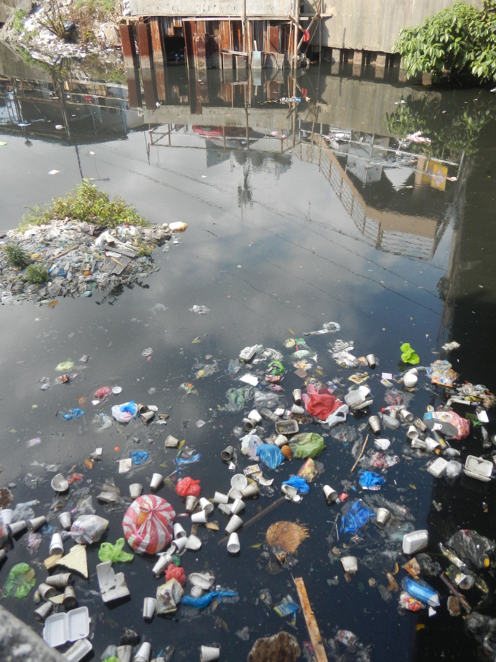 Ein verschmutzter Gewässerstrom mit Plastikflaschen, Bechern und anderem Müll, mit Vegetation und einer Wand im Hintergrund.