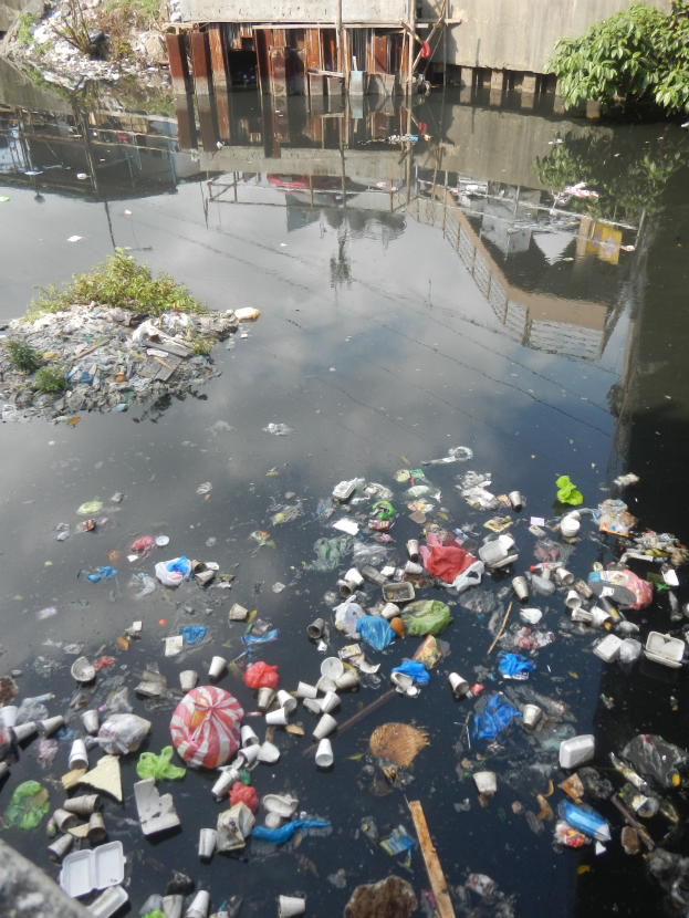 Ein verschmutzter Gewässerstrom mit Plastikflaschen, Bechern und anderem Müll, mit Vegetation und einer Wand im Hintergrund.
