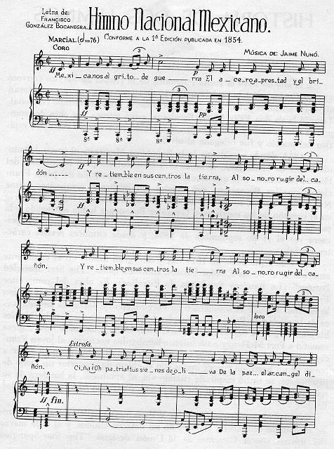 Notenblatt für "Himno Nacional Mexicano" mit traditioneller mexikanischer Notation im 4/4-Takt, eingerahmt von einem schwarzen Rand.
