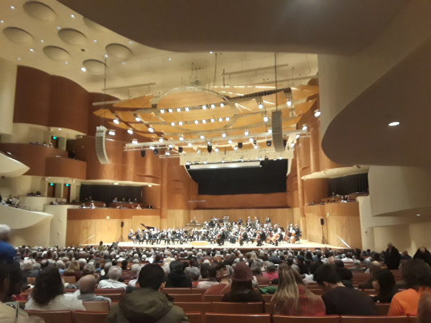 Ein großer Zuschauerraum voller Menschen, die ein Konzert ansehen, mit Musikern auf der Bühne und anderen im Publikum, unter warmem Deckenlicht