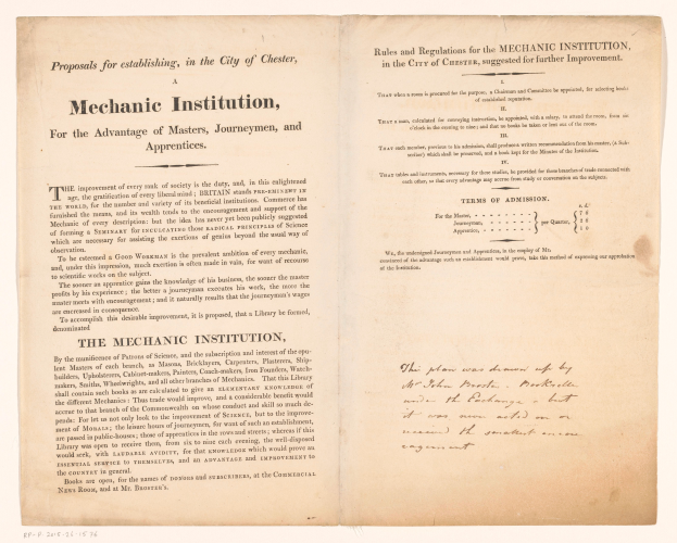 Ein offenes Buch mit dem Titel "Mechanic Institution, for the Advantage of Masters, Journeymen, and Apprenticeships" auf der Seite angezeigt.