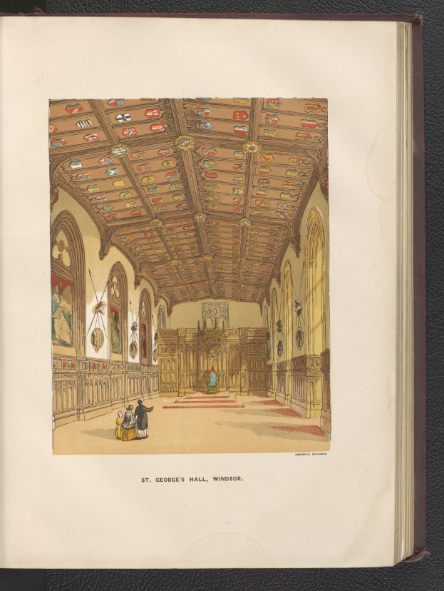 Offenes Buch mit detaillierter Illustration des St. Georgs-Saals im Inneren in Windsor, England, mit sichtbarer Architektur und Figuren auf schwarzer Oberfläche.