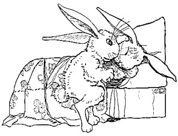 Schwarze und weiße Linienzeichnung von zwei Hasen, die auf einem Sofa sitzen und von Ostereier-Farbbildern umgeben sind.