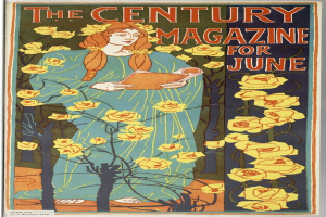 Eine Frau in einem weißen Kleid und einem blauen Schal hält ein Buch in der Hand und ist von grünen Bäumen und blühenden Blumen umgeben, mit der Inschrift "The Century Magazine for June" oben deutlich zu sehen.