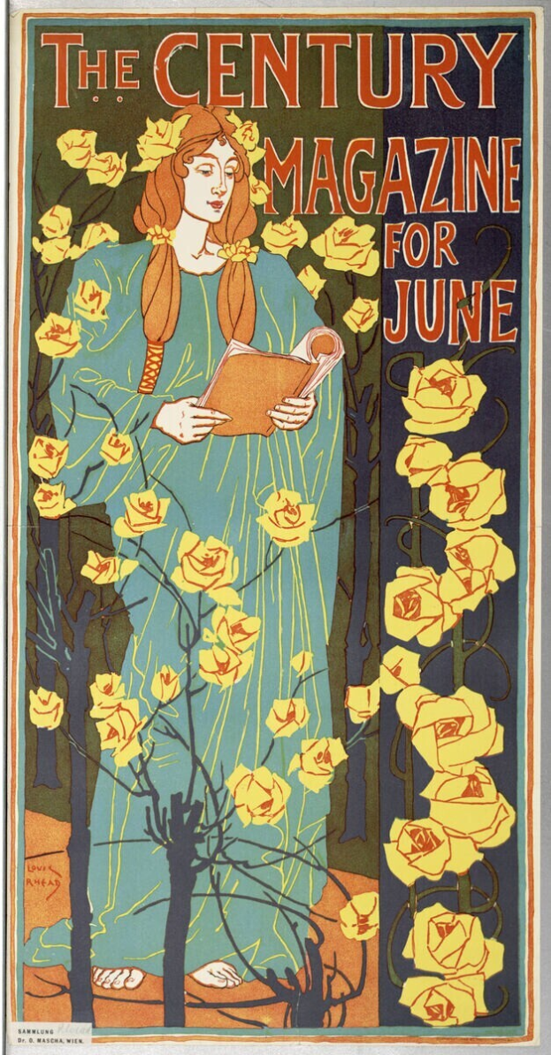 Eine Frau in einem weißen Kleid und einem blauen Schal hält ein Buch in der Hand und ist von grünen Bäumen und blühenden Blumen umgeben, mit der Inschrift "The Century Magazine for June" oben deutlich zu sehen.