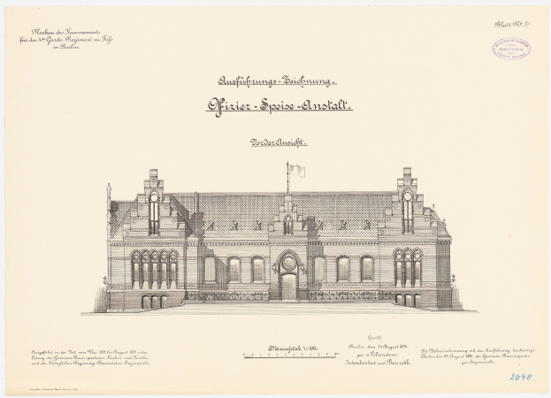 Eine Zeichnung des Hauptsaals des Deutschen Bundestages in Berlin mit einer Fahne darauf, begleitet von Text.