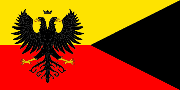 Die Flagge Deutschlands mit einem schwarzen Doppeladler in der Mitte auf horizontalen Streifen von rot, gelb und weiß.