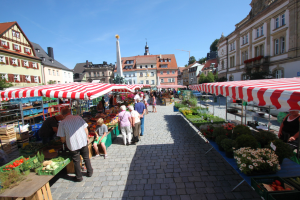 Ein belebter Markt im alten Stadtzentrum von Heidelberg mit Menschen, die spazieren gehen, auf Bänken sitzen und in der Nähe von Zelten stehen, mit Gemüsekörben auf Tischen und Gebäuden mit Fenstern, Bäumen und einem klaren blauen Himmel im Hintergrund.