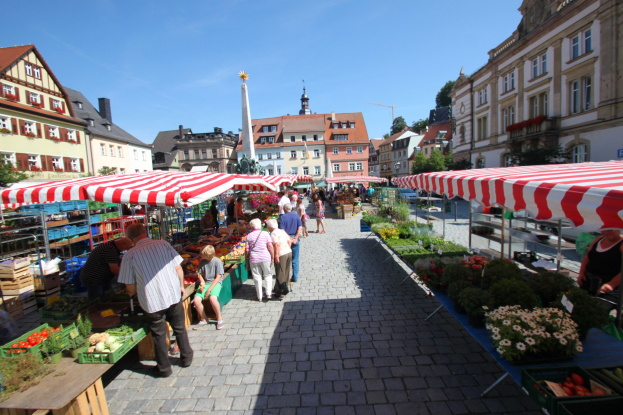 Ein belebter Markt im alten Stadtzentrum von Heidelberg mit Menschen, die spazieren gehen, auf Bänken sitzen und in der Nähe von Zelten stehen, mit Gemüsekörben auf Tischen und Gebäuden mit Fenstern, Bäumen und einem klaren blauen Himmel im Hintergrund.