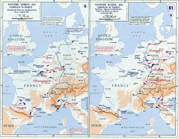 Ein historisches Poster mit einer Karte von Europa während der Schlacht von Leipzig, unterteilt in Abschnitte für Europa und Frankreich, mit nummerierten Regionen und textueller Beschriftung von Städten, Dörfern und geografischen Merkmalen.