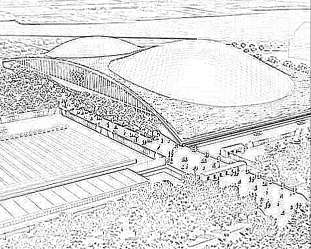 Schwarze und weiße Illustration des Tottenham Hotspur Stadiums, das von einer großen Menge Menschen gefüllt ist.