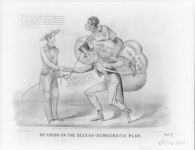 Ein Schwarz-Weiß-Karikatur auf einem Blatt Papier, das zwei Männer beim Händeschütteln zeigt, einer trägt eine Tasche, mit der Aufschrift "Wiedervereinigung auf dem secesh-demokratischen Plan".