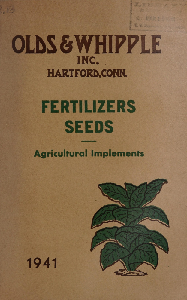 Alter Buchumschlag aus dem Jahr 1941 mit dem Titel "Düngemittel Samen Landwirtschaftliche Geräte" mit einer Illustration einer grünen Pflanze mit mehreren Blättern und Stielen.