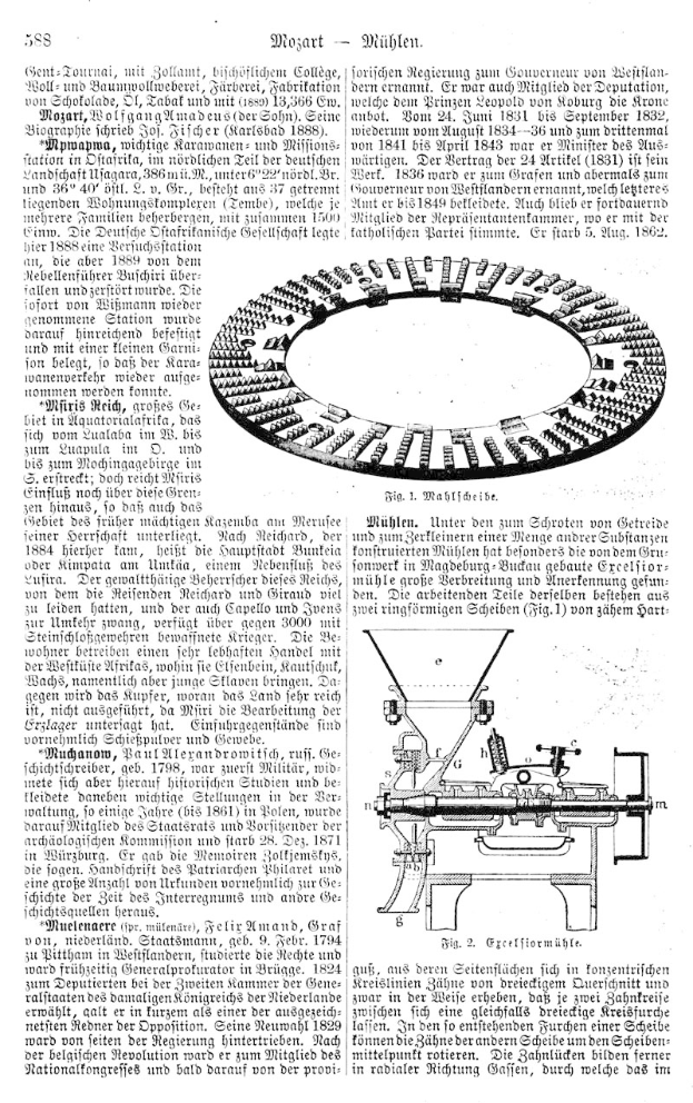 Schwarze und weiße Illustration einer Kreismaschine aus dem deutschen Patent 558, veröffentlicht im Jahr 1881, begleitet von Text auf einer Buchseite.