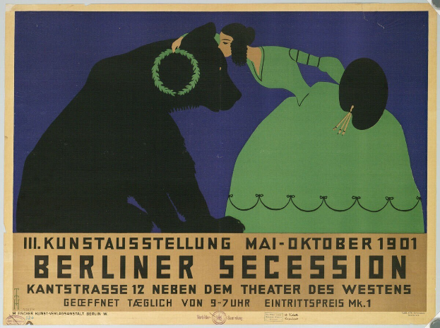Plakat für die Berliner Secession mit einer Frau in grünem Kleid und einem Mann im schwarzen Anzug