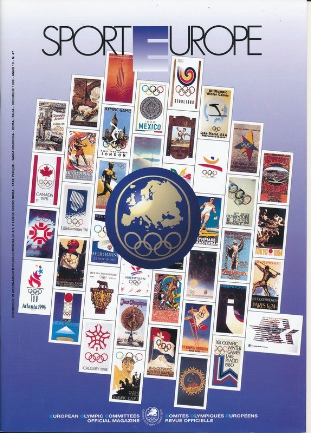 Ein Buchumschlag mit dem Titel "Sport in Europa" in leuchtenden Farben und detaillierten Designs, der Olympische Symbole und verwandte Bilder zeigt.