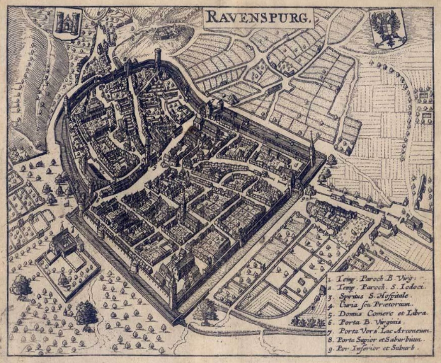 Ein detaillierter alter Stadtplan von Ravensburg, Deutschland, der Gebäude, Bäume, Straßen, Parks und Sehenswürdigkeiten zeigt.
