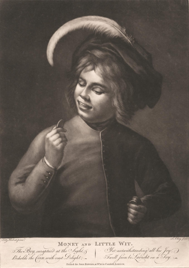 Ein junger Junge in einer Mütze hält eine angezündete Zigarette und grinst, mit dem Satz 'Geld und wenig Verstand' unten.