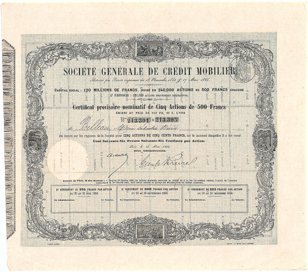 Altes Aktienzertifikat, das von der Société Générale de Crédit Mobilier ausgestellt wurde und gedruckten Text auf Papier enthält.