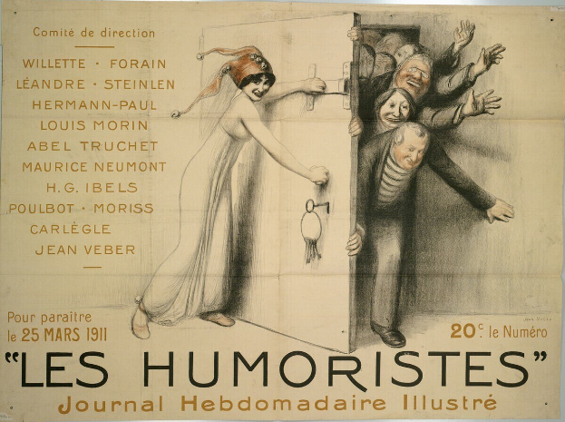 Ein buntes Plakat an einer Gebäudewand mit der Aufschrift 'Les Humoristes Journal Hebdomadaire Illustré', das eine Gruppe von lachenden und fröhlichen Menschen zeigt.