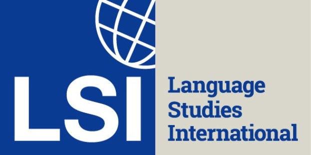 Logo von Language Studies International (LSI) mit einem blauen Kreis mit weißer Umrandung und weißer 'LSI'-Beschriftung, darüber der vollständige Firmenname in weiß auf blauem Hintergrund.