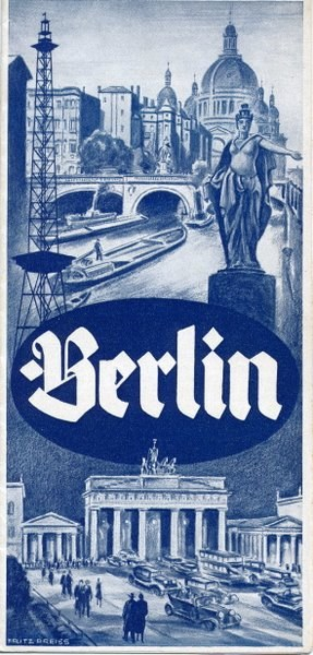 Plakatwerbung für Berlin, Deutschland, mit einer Statue, historischen Gebäuden, einem Turm, Passanten, Fahrzeugen auf einer Straße und einer Brücke, mit Text, der Stadtinformationen enthält.