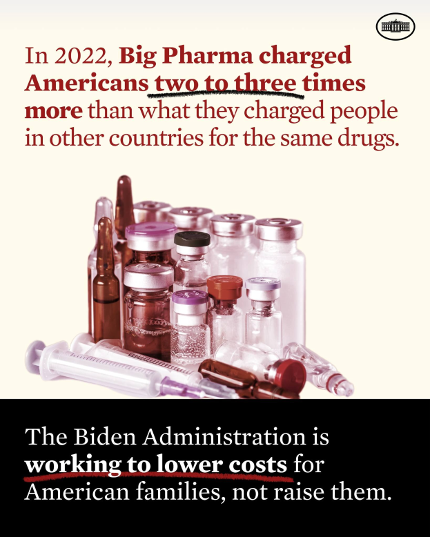 Plakat, das zeigt, dass Big Pharma Amerikaner im Jahr 2022 zwei bis drei Mal so viel für dieselben Medikamente berechnet hat wie andere Länder, mit Bildern von Medikamentenflaschen und einer Spritze.