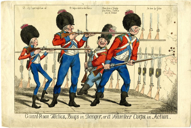 Cartoon von bewaffneten Uniformierten, die in einem Wachraum stehen, mit dem Text 'Wachraum-Taktik, Käfer in Gefahr oder eine Freiwilligenkorps-Aktion' unten.