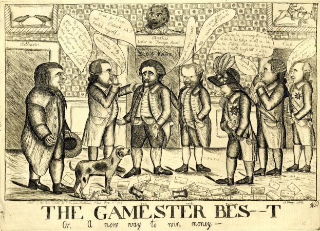 Eine historische Illustration mit dem Titel "The Gamester Bes-T oder ein neuer Weg, Geld zu gewinnen", die Menschen beim Spielen mit einem Hund in der Nähe zeigt.