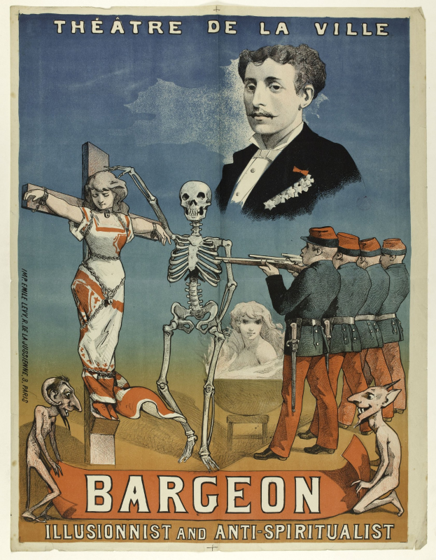 Plakat für das Théâtre de la Ville in Paris mit einem Skelett mit ausgestreckten Armen, umgeben von aufgeregten Menschen, das "Bargeon Illusionist und Anti-Spiritualist" ankündigt.