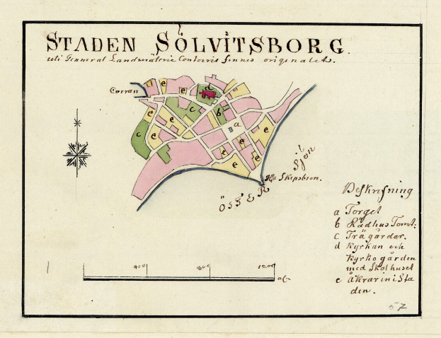Detailierte Papierkarte von Staden Solvitsborg, Schweden, zeigt Straßen, Gebäude und Sehenswürdigkeiten mit handgeschriebenem Text.