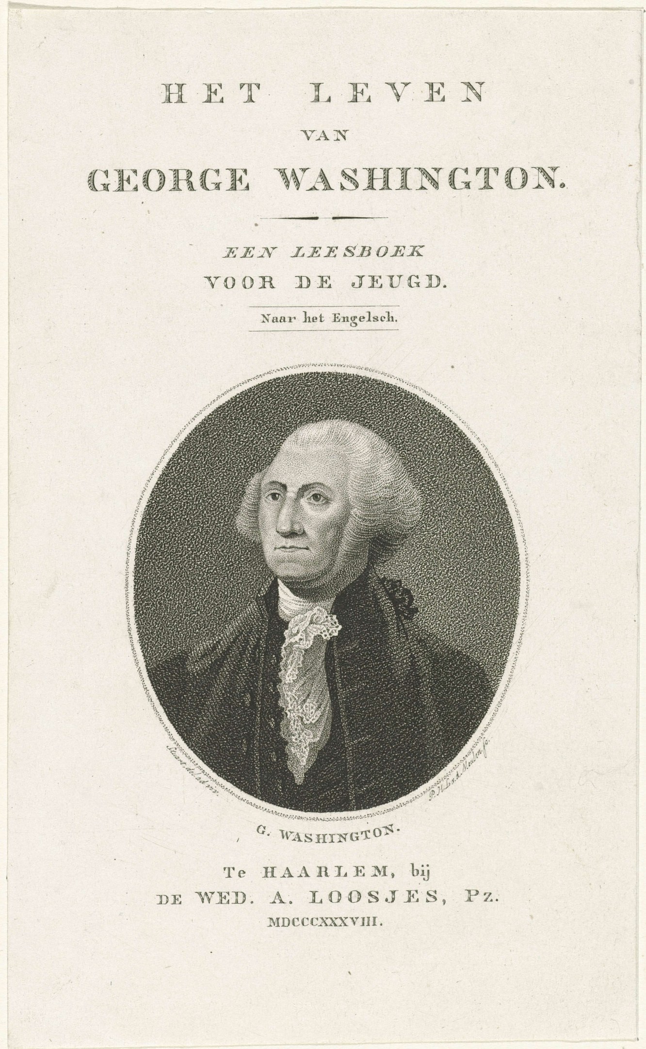 Porträt von George Washington auf Papier mit Text, der nach vorne schaut, mit ernstem Gesichtsausdruck, trägt Anzug und Krawatte, markante Nase und Kinn, zurückgekämmtes Haar.