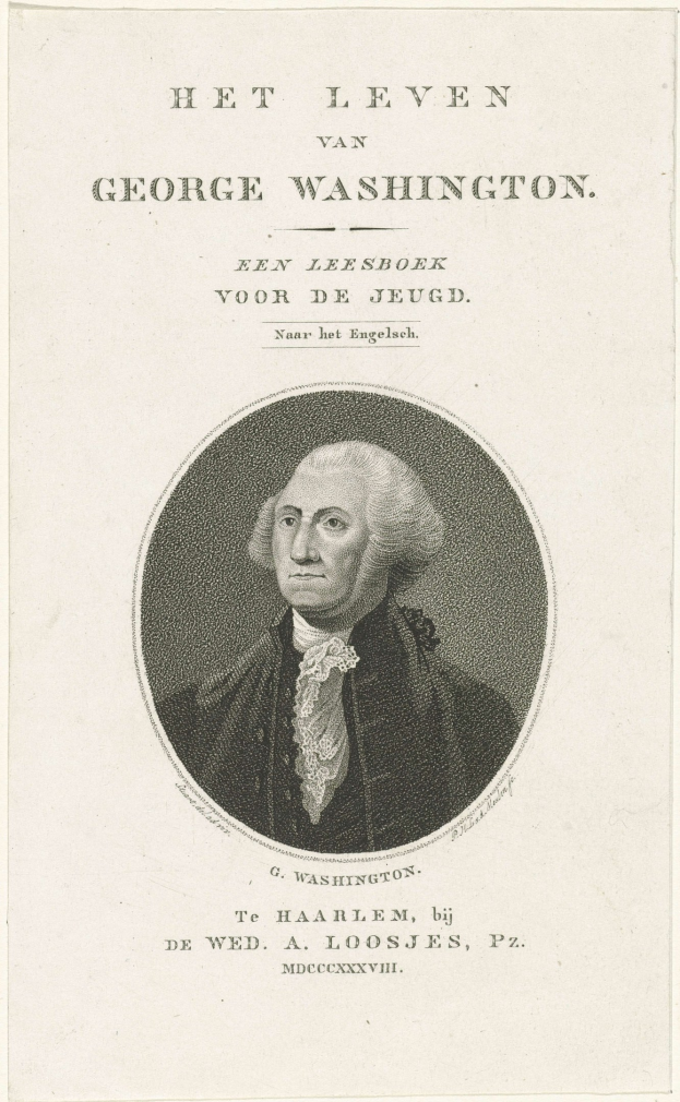 Porträt von George Washington auf Papier mit Text, der nach vorne schaut, mit ernstem Gesichtsausdruck, trägt Anzug und Krawatte, markante Nase und Kinn, zurückgekämmtes Haar.